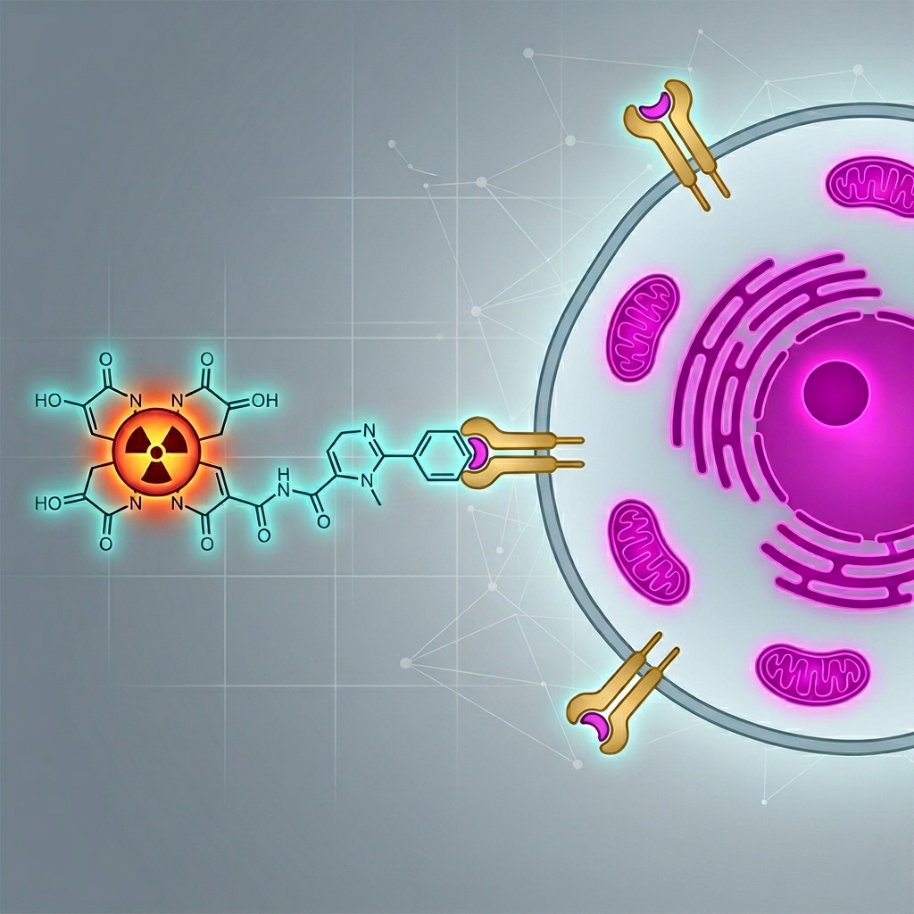 A radioconjugate: chelated isotope, linker and targeting vector binding a receptor on a tumor cell